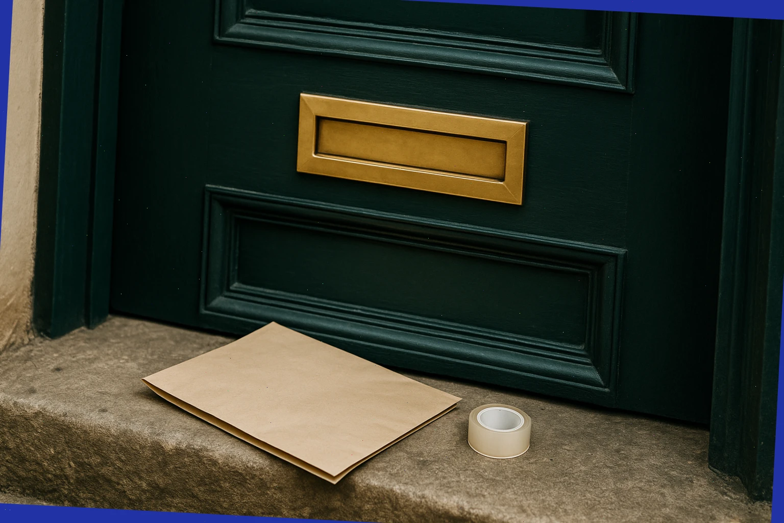 Paper sleeve and tape beside a mail slot on a townhouse door