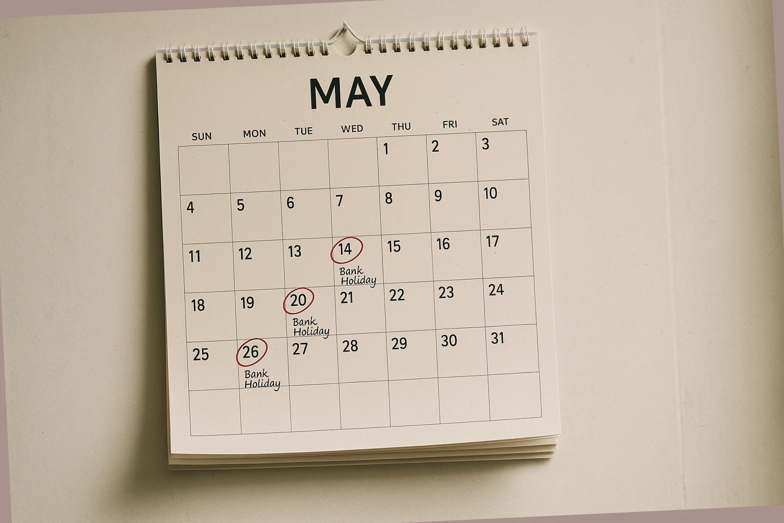 Wall calendar with circled bank holidays and delivery notes