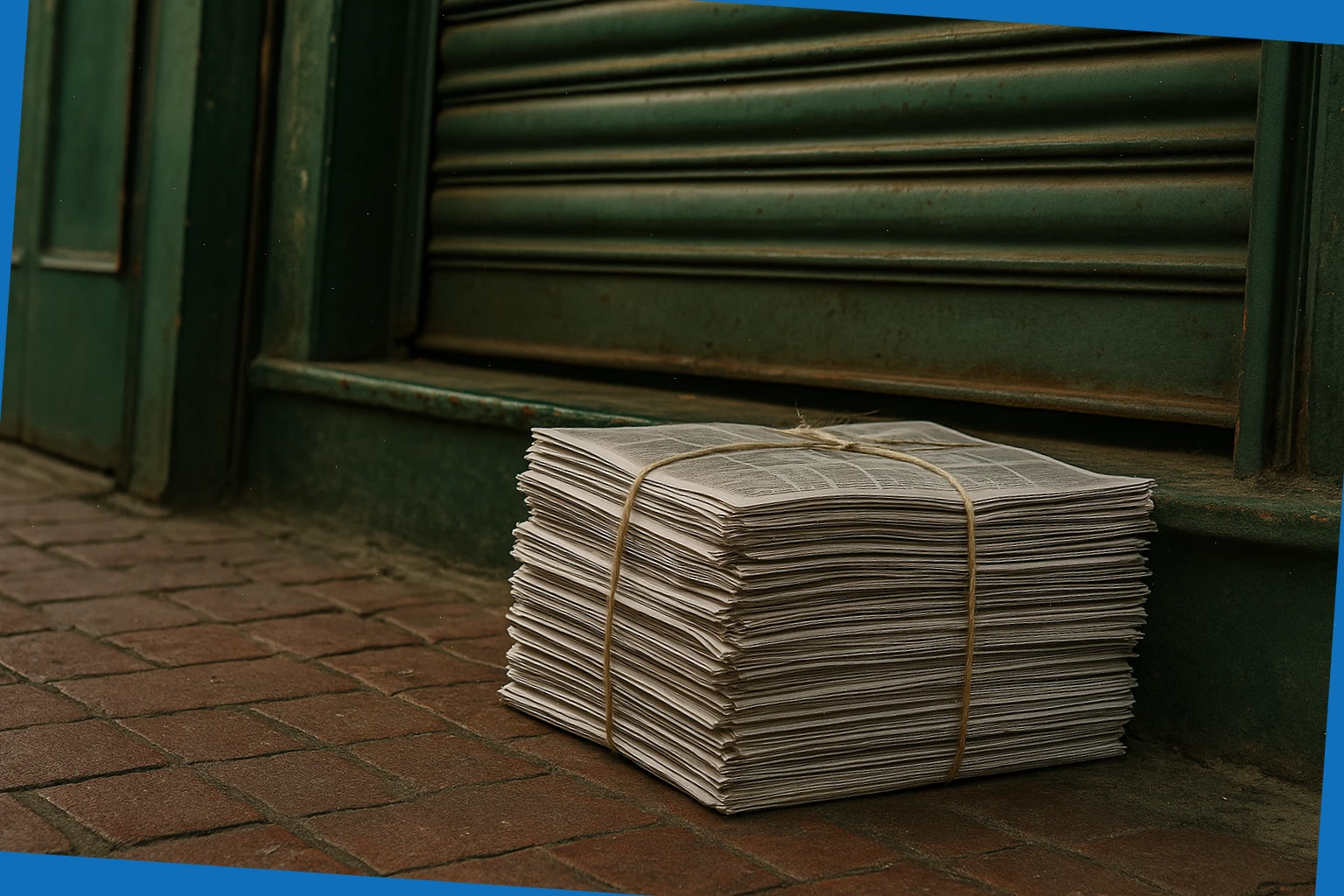 Stacked morning newspaper bundle at a shuttered shopfront